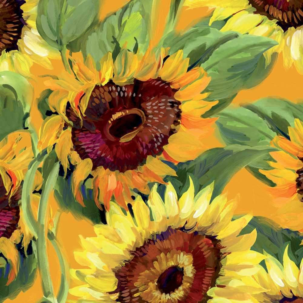 The GIRASOLE BOUQUET BEVERAGE NAPKINS by PAPER PRODUCTS DESIGN feature a vibrant sunflower painting with bold yellow petals, deep brown centers, and lush green leaves set against a bright yellow background, evoking the charm of a sunlit German field.