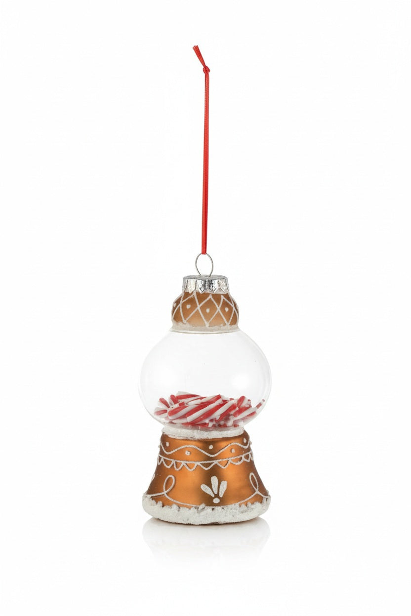 HAND PAINTED GLASS GINGERBREAD CANDY MACHINE ORNAMENT shaped like a glass gumball machine filled with red and white candy canes, featuring a metallic brown base with white painted scrollwork.