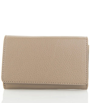The LE BORSETTE LEATHER WALLET is a small, tan-colored, textured leather accessory featuring a rectangular shape and a fold-over flap design. Crafted in Italy from genuine leather, this wallet exudes simplicity and elegance with no visible branding or patterns, and measures 15cm x 9.5cm against a plain white background.