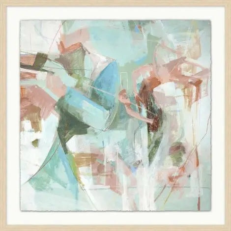 The THIS FEELS RIGHT 2 ARTWORK by WENDOVER features abstract pastel blue, green, peach, and white geometric shapes with soft brushstrokes and hints of human forms in a raw pine shadowbox frame.