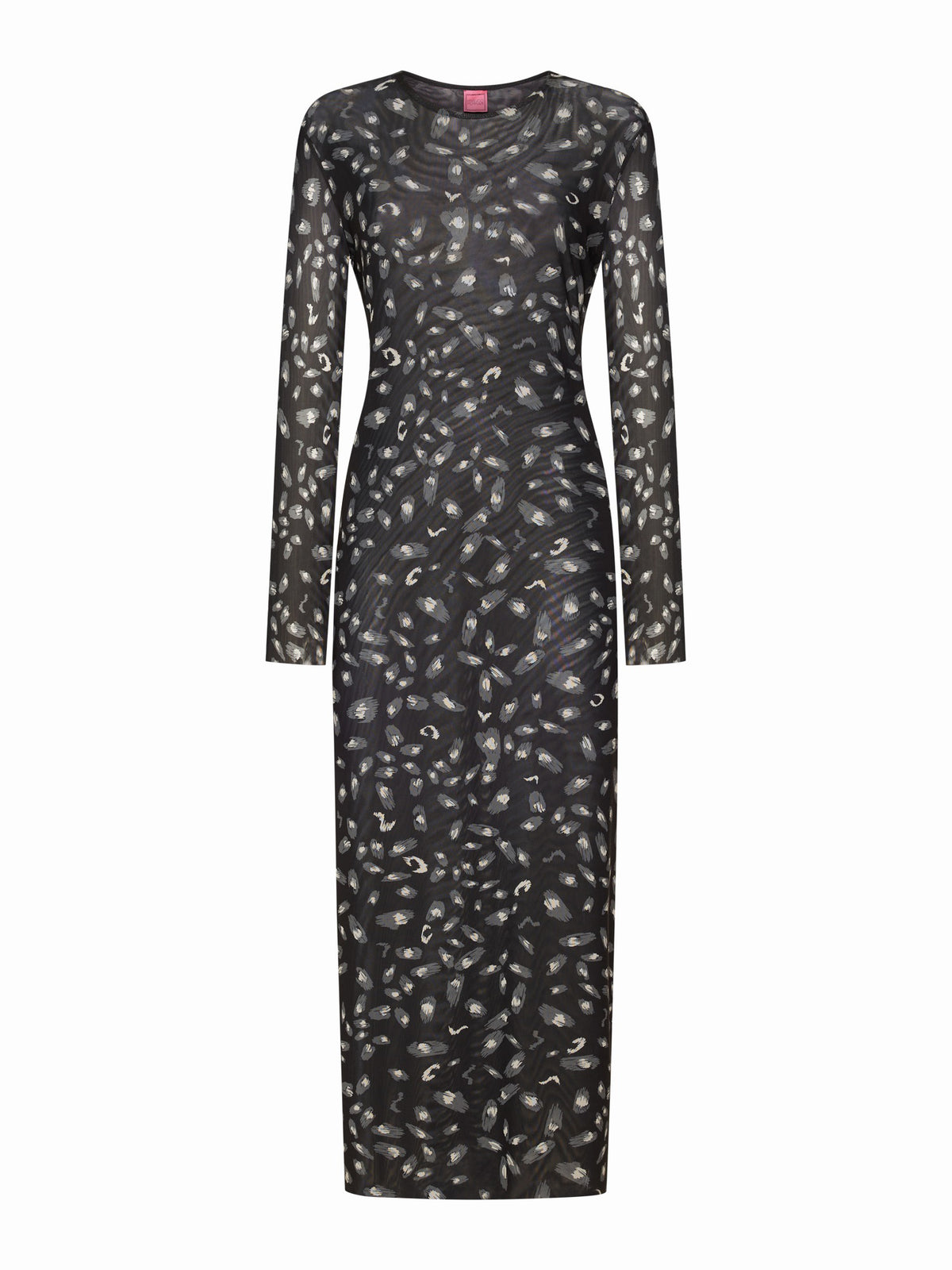 The FRANCO FERRARI BALLET MESH MAXI DRESS is a long-sleeved, ankle-length black stretch mesh dress with a sheer overlay featuring scattered gray and white abstract patterns, shown against a white background.