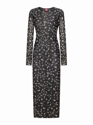 The FRANCO FERRARI BALLET MESH MAXI DRESS is a long-sleeved, ankle-length black stretch mesh dress with a sheer overlay featuring scattered gray and white abstract patterns, shown against a white background.