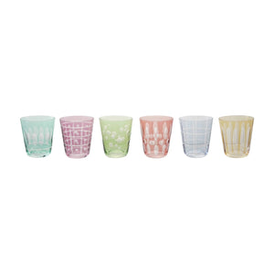 The CREATIVE COOP ETCHED GLASS WITH DESIGN, VARIOUS COLORS features six artisan pastel glasses, each with a unique etched pattern—ideal for those who love distinctive colored glassware.