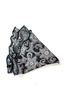The EDWARD ARMAH Silk Reversible Pocket Circle in Grey Medallion features a blue and white medallion print with dark blue scalloped edges, displayed on a white background.