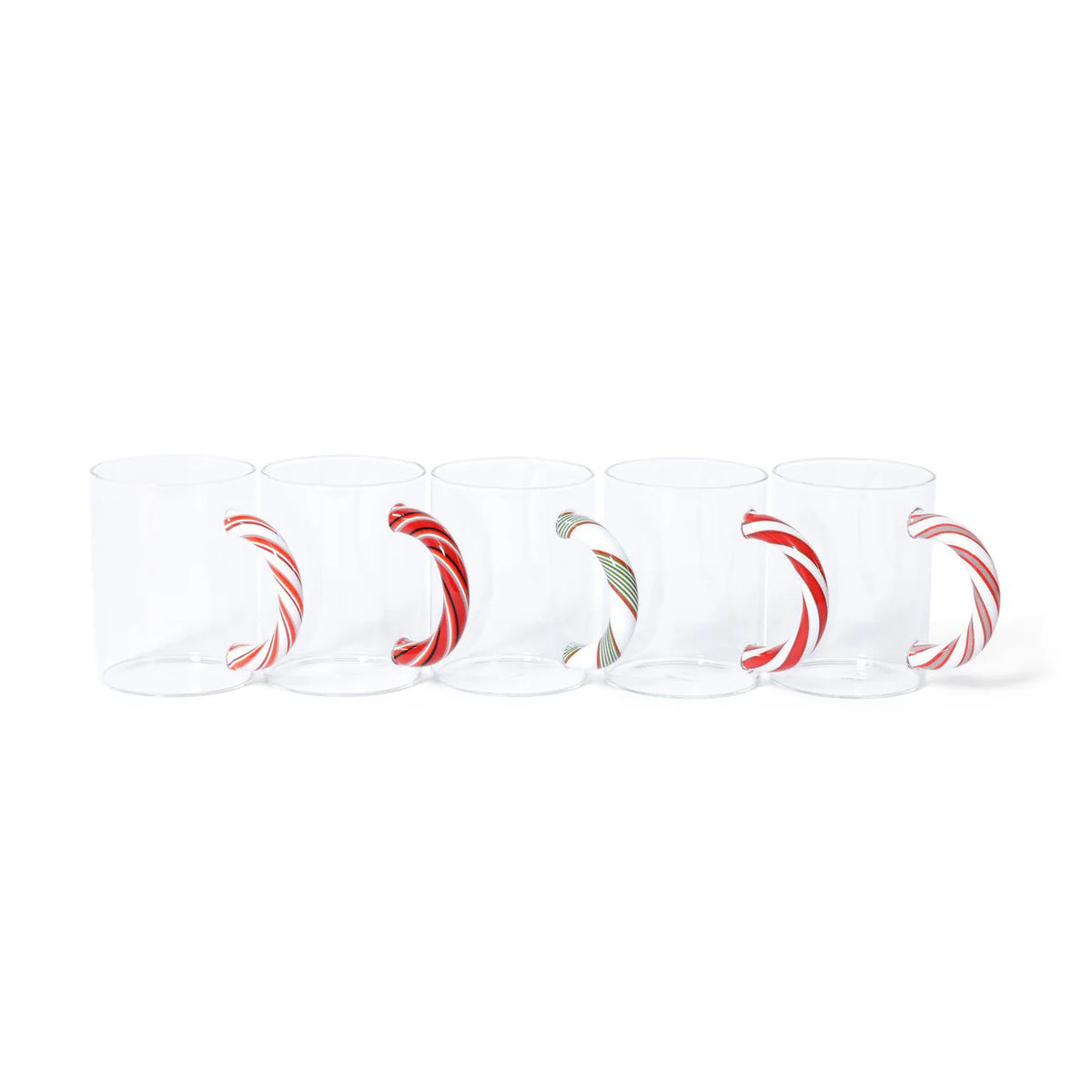 Five ZODAX HOLIDAY GLAS MUGs (430 ml each) with unique candy cane–shaped handles in assorted red, white, or green stripes are lined up on a white background.