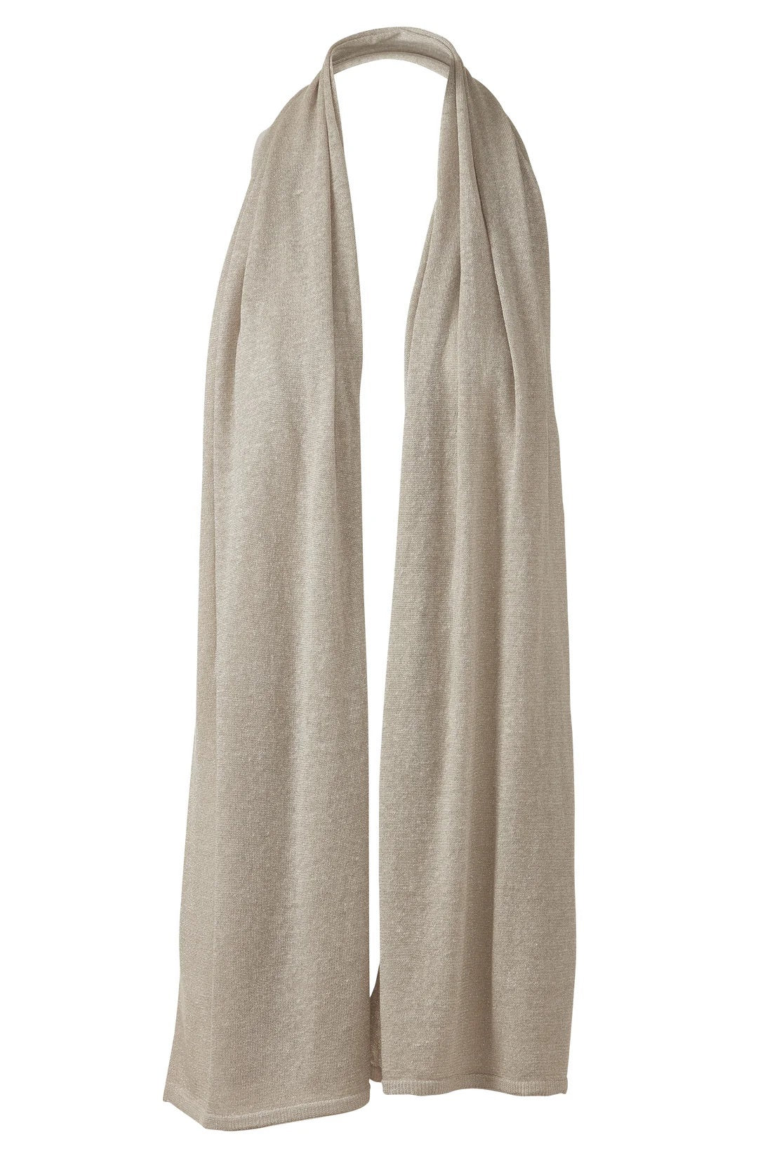 A woman with long, wavy blonde hair displays the drape and texture of the KINROSS CASHMERE Linen Lurex Wrap in light beige while wearing white pants against a plain white background.
