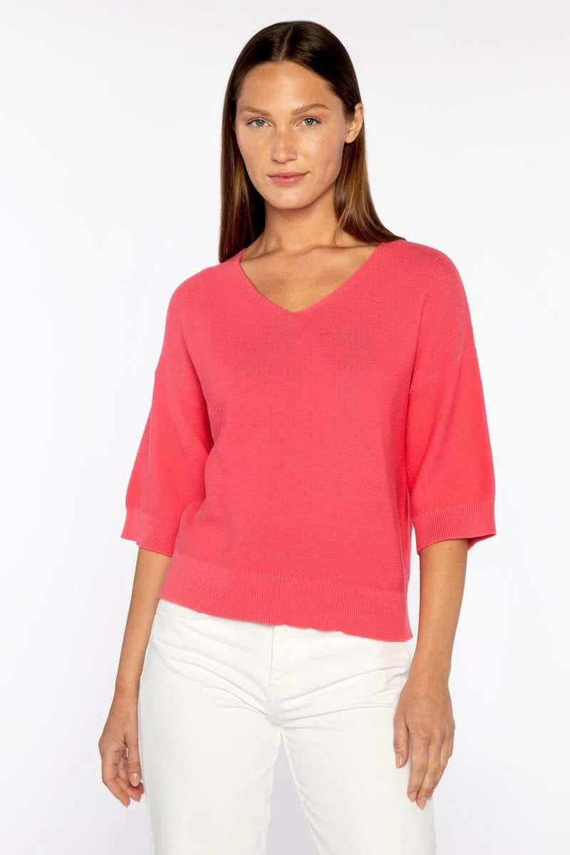 The KINROSS CASHMERE Garter Easy Vee Neck Cotton Sweater is a green, short-sleeved pullover with a ribbed hem and relaxed fit, crafted in soft knit and shown against a white background.