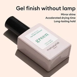 A bottle of MANUCURIST INC’s GREEN™ NAIL POLISH SUNSHINE TOP COAT, featuring “High Shine Long Wear” on the label, is shown on a white background; this plant-based top coat delivers a long-lasting manicure.