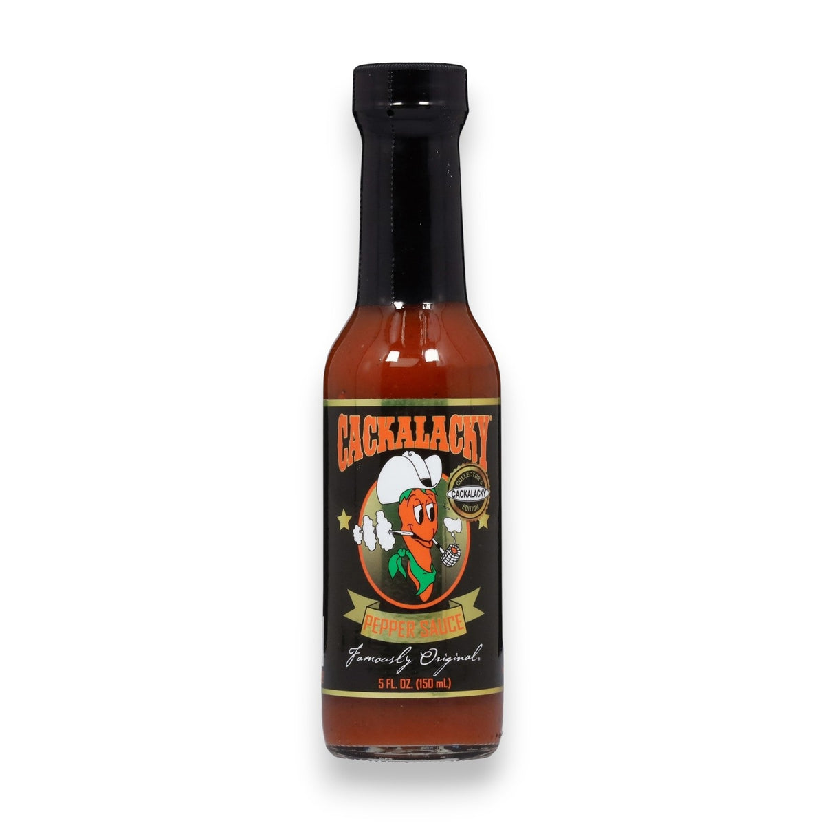 A 5 oz bottle of Cackalacky Jack Pepper Sauce Special Edition by Cackalacky, featuring a black label with a cartoon pepper character and the text “Family Original.”.