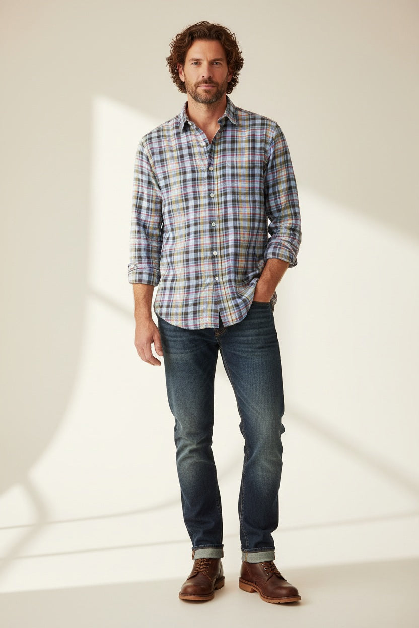 A man with a beard and curly hair stands against a light background, looking calmly at the camera with one hand in his pocket. He is wearing the FRANK AND EILEEN Finbar Men’s Button Up Shirt in Italian Flannel Plaid by FRANK &amp; EILEEN, paired with blue jeans and brown shoes.