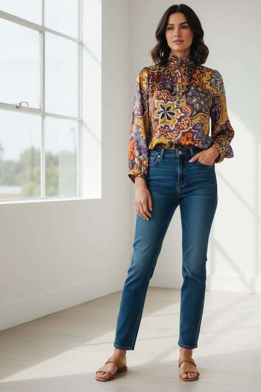 The MOMONI - THIERRY BLOUSE IN PRINTED STRETCH SATIN is a long-sleeved, oversize silk blouse with a multicolored paisley and floral print, high pleated collar, and buttoned cuffs, shown on a plain white background.
