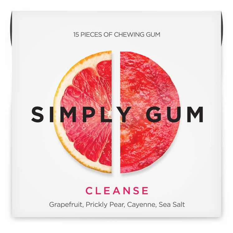 A package of SIMPLY GUM - CLEANSE GUM labeled "Cleanse," featuring a circular graphic of a grapefruit half on the left and a pink, textured surface on the right. The flavor-bursting snack includes tangy citrus notes from grapefruit, prickly pear, cayenne, and sea salt. Contains 15 pieces of chewing gum.
