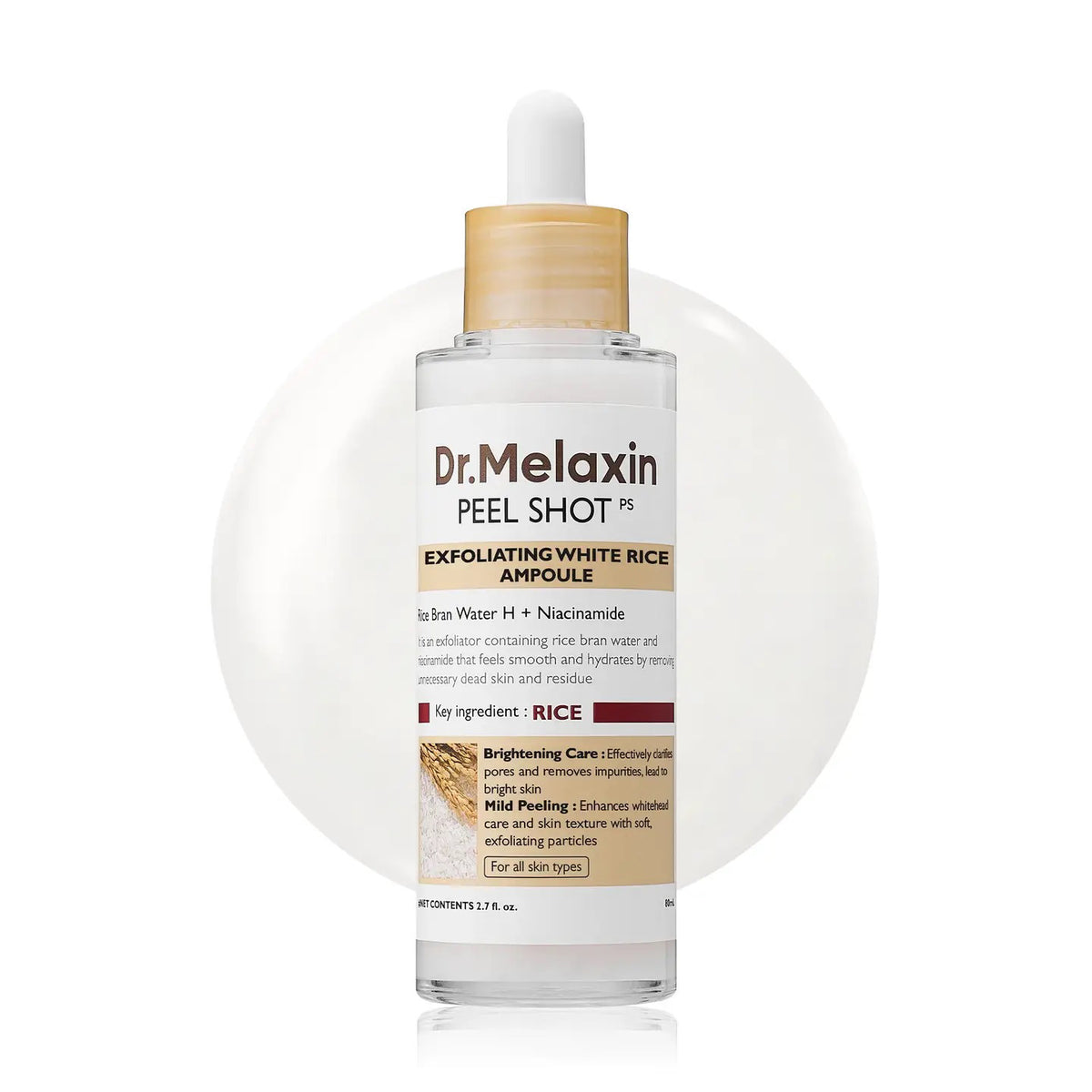 A clear bottle of KOSMIC KBEAUTY SKINCARE DR MELAXIN - PEEL SHOT GLOW WHITE REICE AMPOULE with a dropper cap, filled with translucent liquid, is displayed against a white background with subtle circular accents.