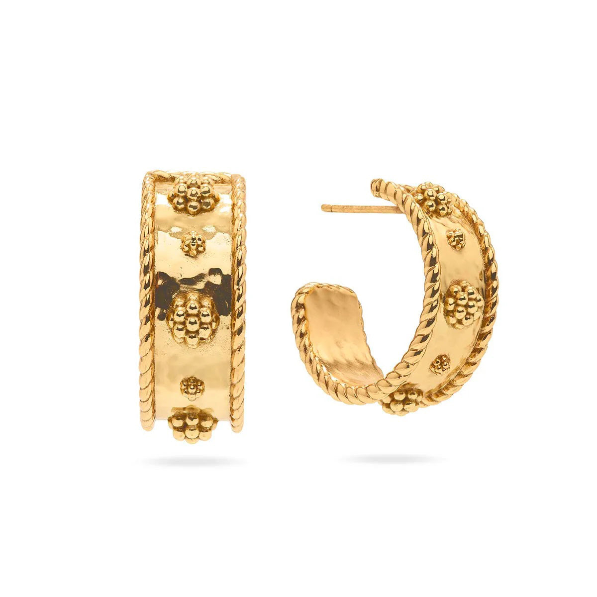 Introducing the CAPUCINE DE WULF - BERRY CLASSIC SMALL HOOP earrings, a pair of 18K Gold hoops with ornate detailing. These handcrafted pieces from CAPUCINE DE WULF feature raised floral patterns and a textured, rope-like design along the edges, imparting a sophisticated and vintage appearance.