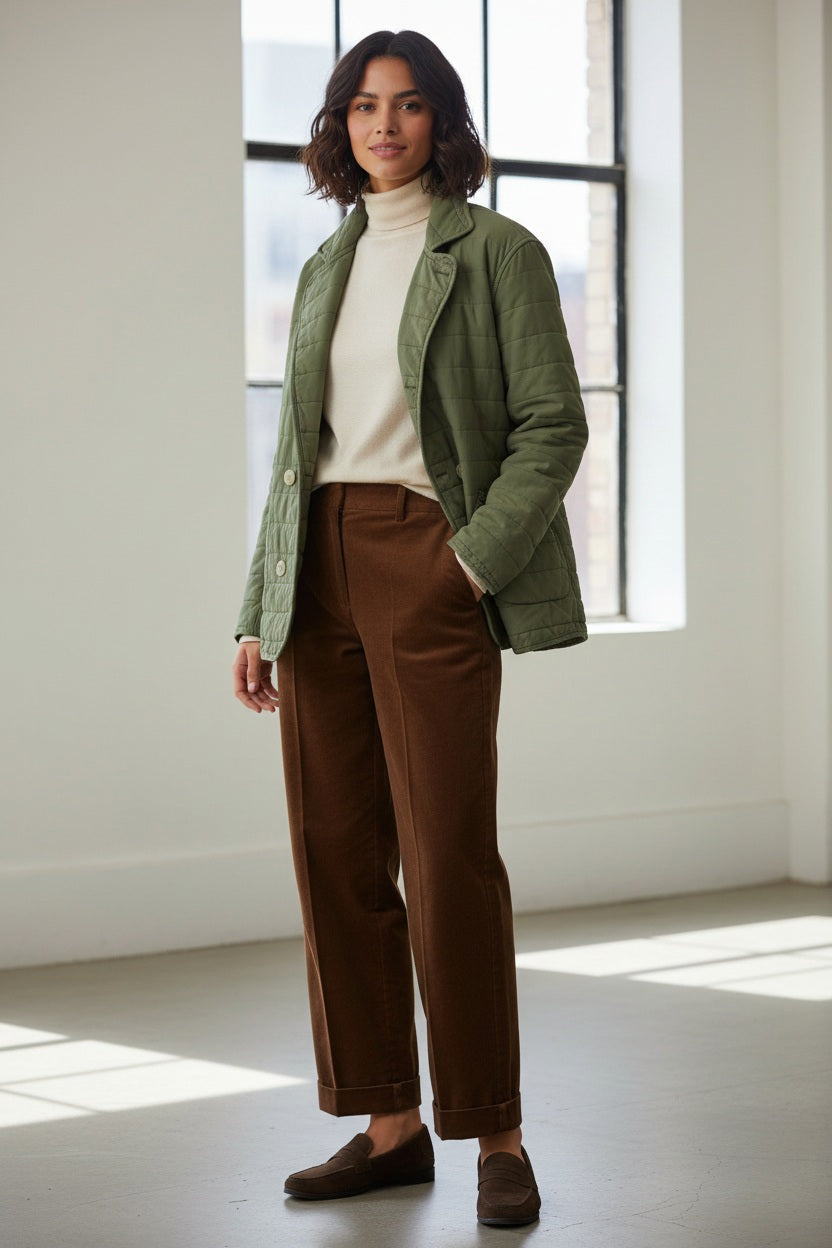 A woman with short, wavy dark hair stands indoors in a bright room with large windows, wearing the FRANK & EILEEN Quilted Belfast Jacket in Vintage Green over a white turtleneck, brown pants, and dark loafers. The light green jacket is made from Italian peached twill.
