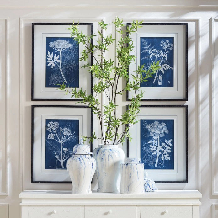 NAPA HOME AND GARDEN's Cyanotype Queen Anne Lace Prints: set of four framed botanical prints featuring white plant illustrations on blue backgrounds, arranged in a 2x2 grid with white mats and black frames.