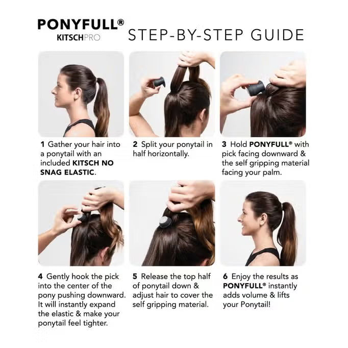 The "KITSCH - PONYFULL" package from KITSCH includes a hair volumizing styling tool and three elastics, with diagrams showing how to enhance ponytail volume for a stylish appearance.
