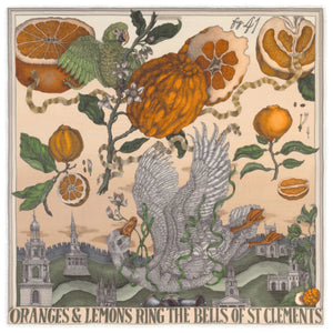 A person elegantly stands against a plain background wearing the SABINA SAVAGE ORANGES AND LEMONS 135CM cashmere scarf in Citrine/Zest, featuring animals, leaves, and objects that contrast beautifully with their light-colored dress.