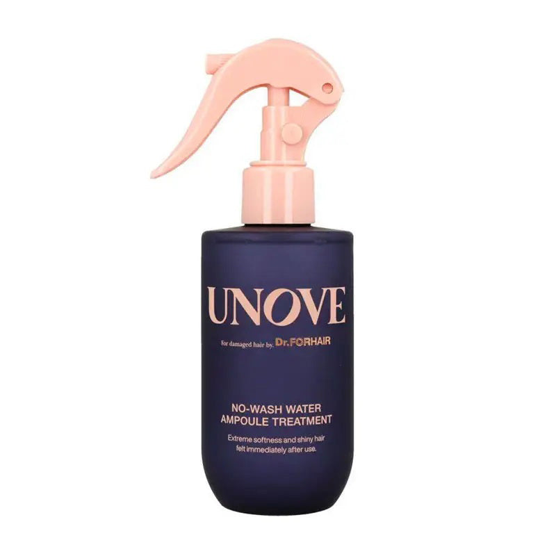 A hand holds the "UNOVE - No Wash Water Ampoule Hair Treatment" by EXOD International against a pink backdrop, highlighting its no-rinse formula that dispenses a fine mist for effortless hair hydration.