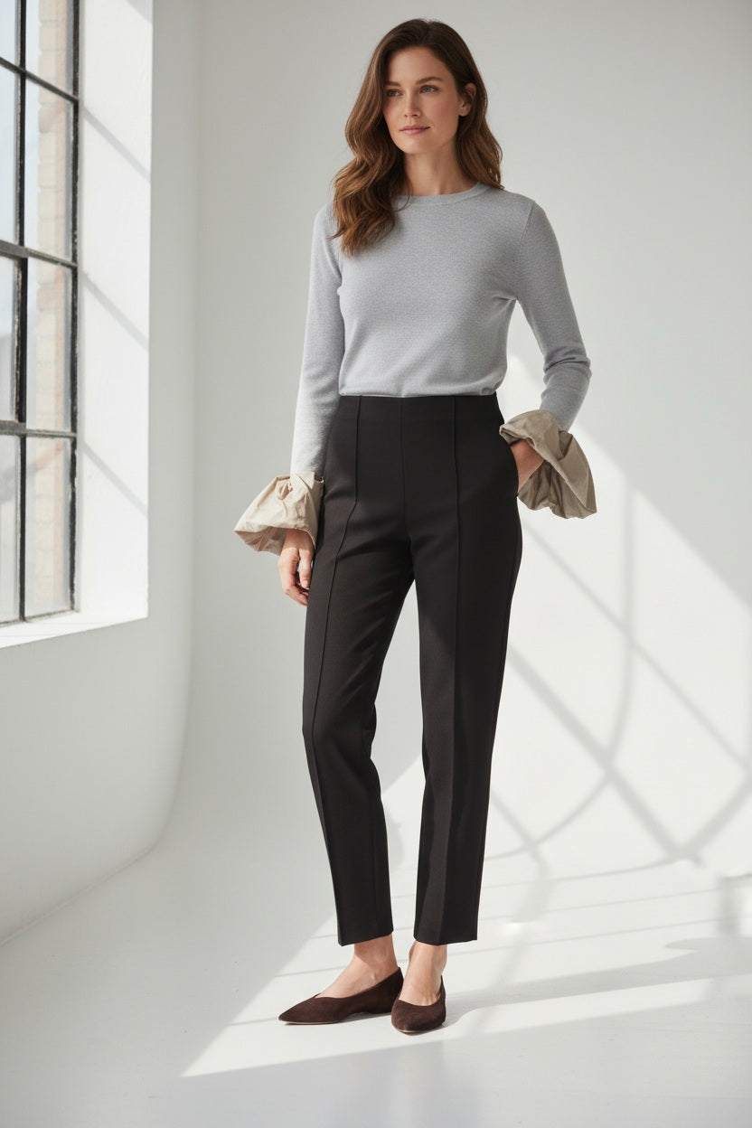 A woman stands in a minimalist room, wearing a light gray sweater with beige ruffled cuffs and the MEIMEIJ Slim Ankle Pant in Black. She completes her look with brown flats. Her wavy brown hair frames her face as she slips one hand into her pocket, while sunlight streams through a large window.
