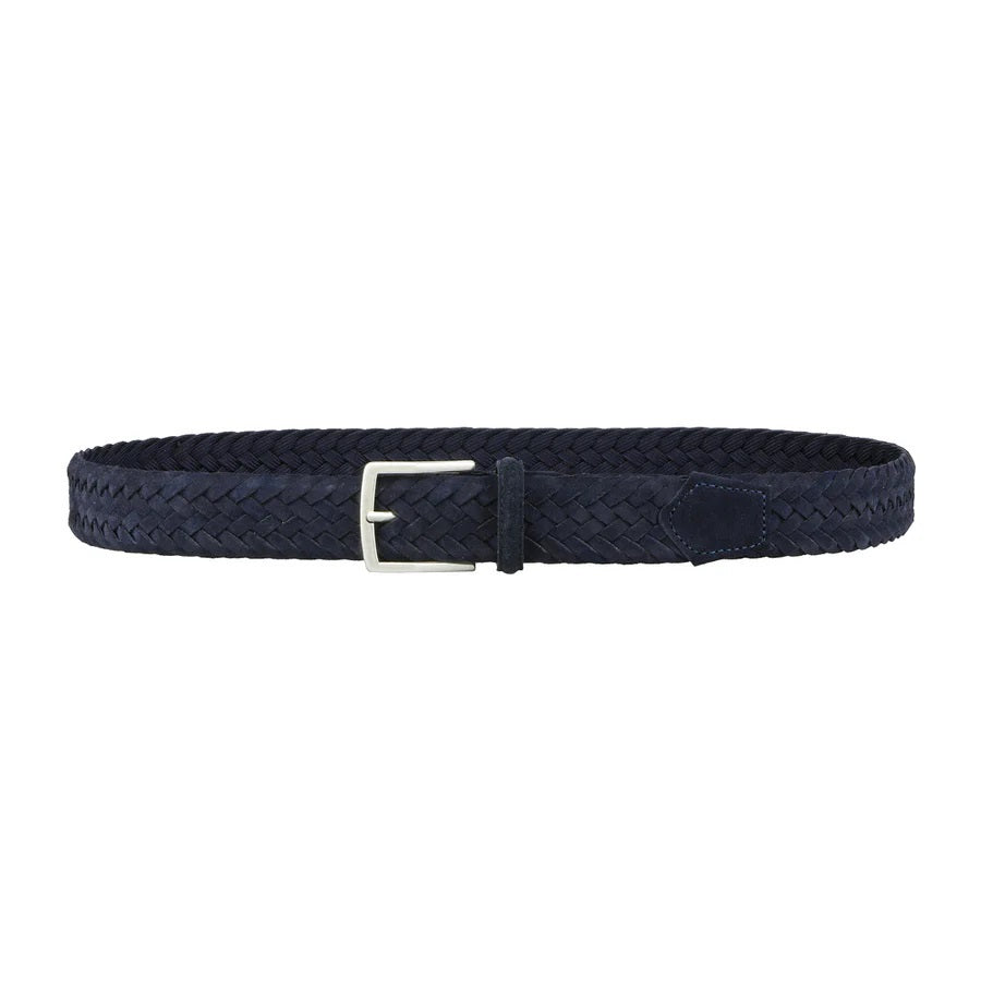 The ATHISON - BRAIDED SUEDE BELT IN INDIGO by ATHISON features braided Italian suede and a silver rectangular buckle, shown coiled in a loop on a white background.