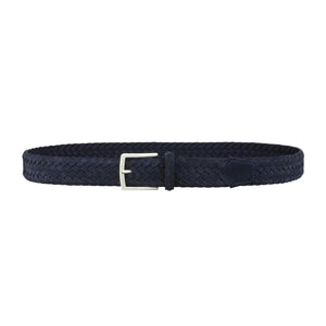 The ATHISON - BRAIDED SUEDE BELT IN INDIGO by ATHISON features braided Italian suede and a silver rectangular buckle, shown coiled in a loop on a white background.