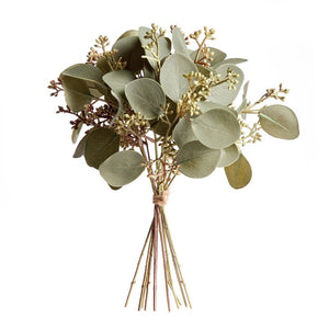 The NAPA HOME AND GARDEN Silver Dollar Eucalyptus Cuttings feature round, pale green leaves and light brown buds tied with twine. They are ideal for interior decor, adding a crafted contemporary touch against a plain white background.