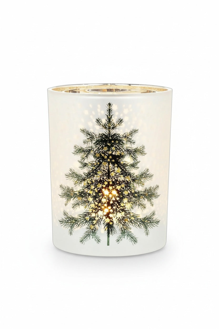 Abbott’s medium Frosted Tree and Stars Candle Holder, a cylindrical frosted glass votive decorated with an illuminated evergreen tree and scattered stars.