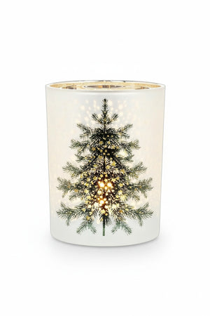 Abbott’s medium Frosted Tree and Stars Candle Holder, a cylindrical frosted glass votive decorated with an illuminated evergreen tree and scattered stars.