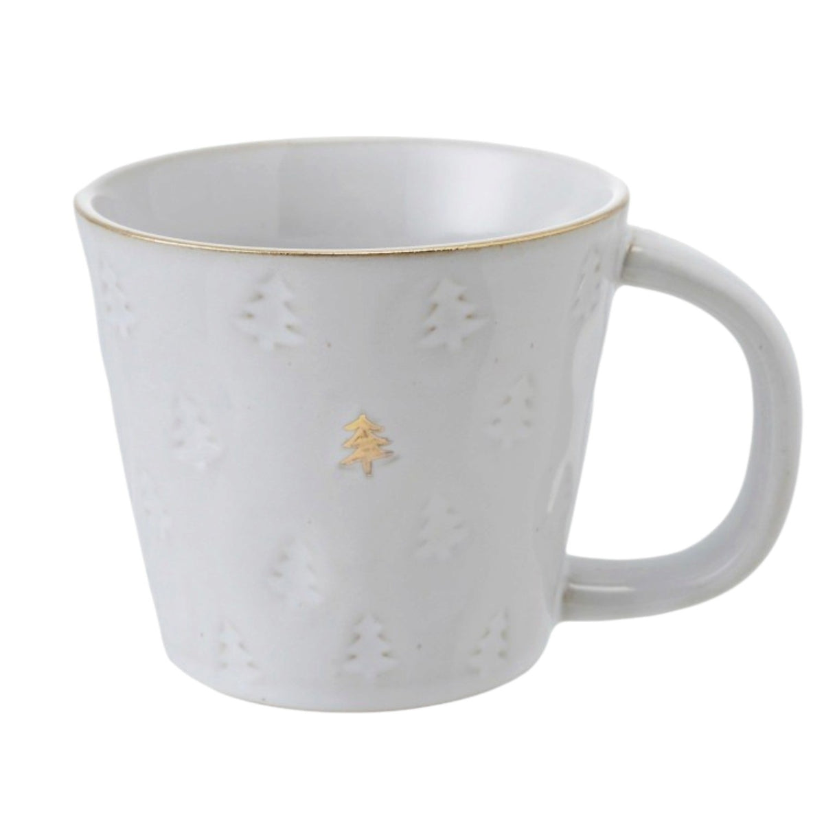 Creative Co-op DEBOSSED STONEWARE MUG WITH GOLD RIM AND TREE, matching creamer, and tree-shaped plate, all featuring a debossed tree pattern and gold rims, displayed with Christmas ornaments and small cookies as festive holiday drinkware.