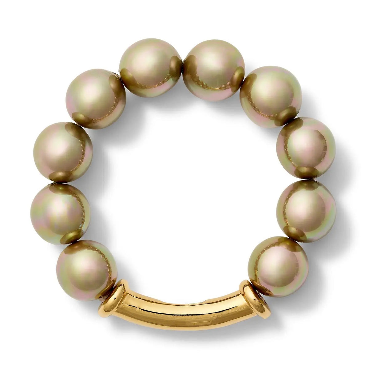 The CC AND CO BY CATHERINE CANINO - GOLDEN BISCUIT BRACELET by CC & CO BY CATHERINE CANINO features ten gleaming gold-toned beads and a curved gold bar accent, arranged in a circular stretch design and shown against a white background.