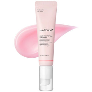 A pink tube of KOSMIC KBEAUTY SKINCARE MEDICUBE - PDRN Pink Peptide Eye Cream, 30ml, an under-eye brightening retinol eye cream, is displayed on a background of translucent pink bubbles.