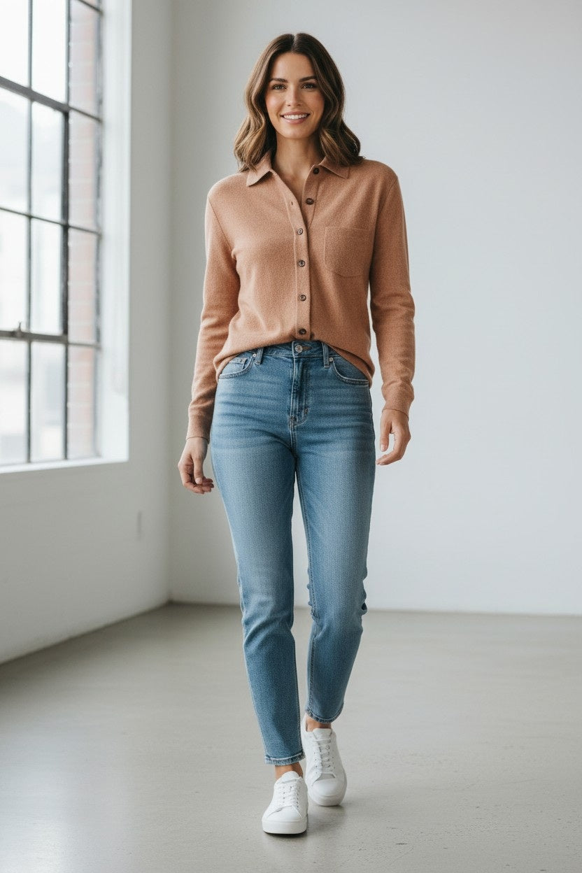 A woman stands indoors wearing the KINROSS CASHMERE Shirt Cardigan in Scotch by KINROSS. She has paired the relaxed classic fit tan button-up sweater with light blue jeans and white sneakers, smiling in a bright room with large windows and a light-colored floor.