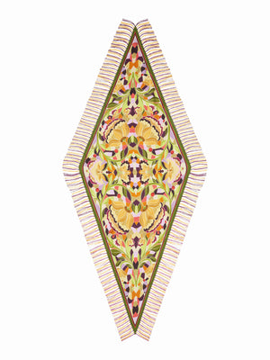 The FRANCO FERRARI Rhombus Silk Fringe Scarf is a luxurious piece with a black base, vibrant floral patterns, bold orange edges, and blue-green fringes. Crafted in Italian style, it elegantly loops in a simple circle.