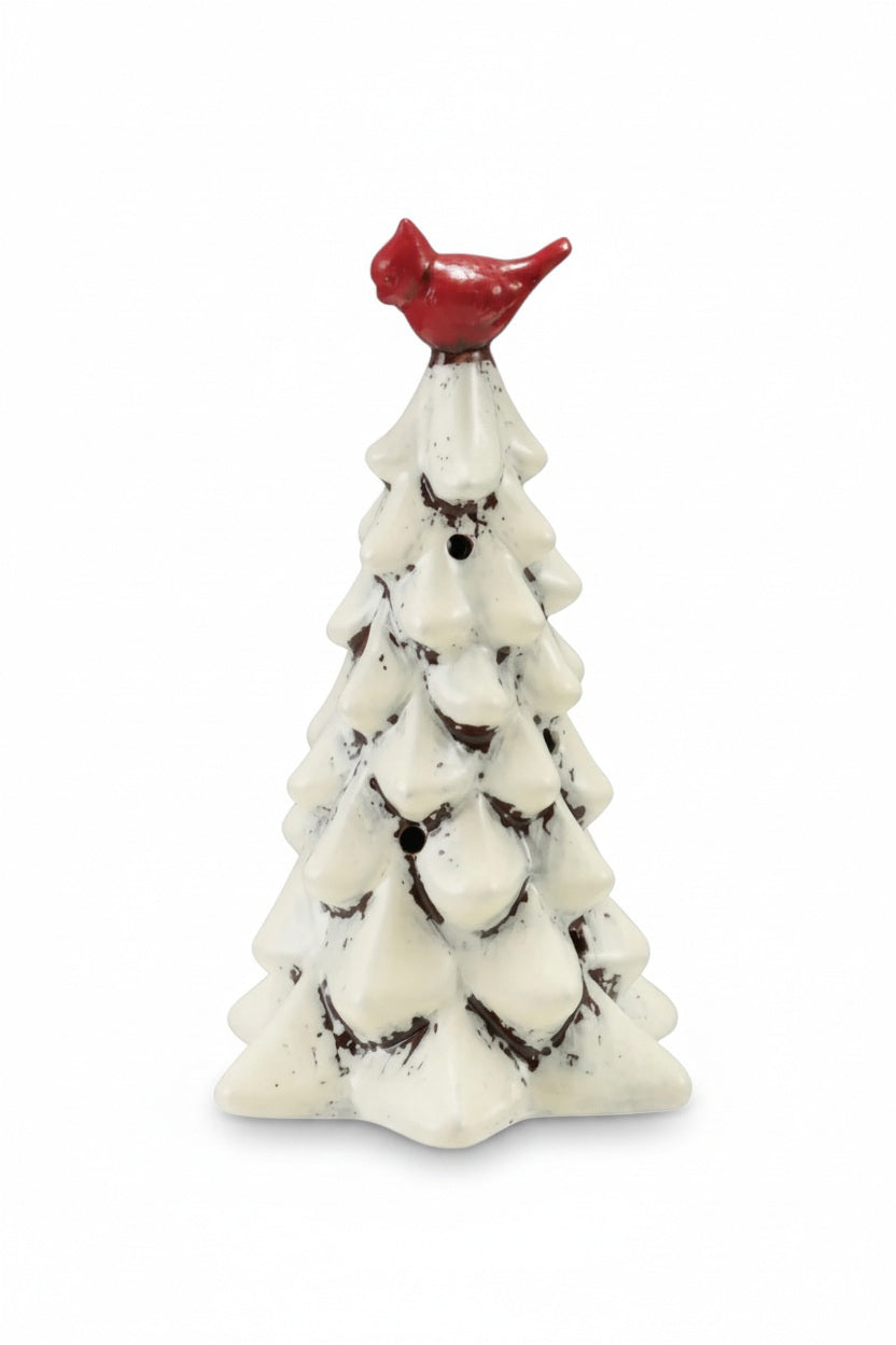 A Creative Coop HAND PAINTED TREE WITH LED LIGHT, featuring a white ceramic design with brown accents and a red cardinal perched on top.