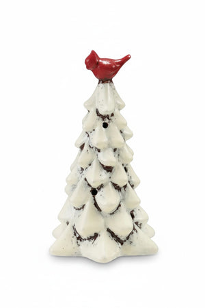 A Creative Coop HAND PAINTED TREE WITH LED LIGHT, featuring a white ceramic design with brown accents and a red cardinal perched on top.