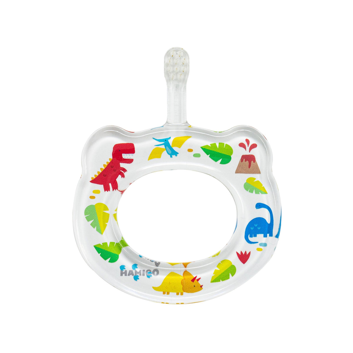 The HAMICO - BABY TOOTHBRUSH DINOSAURS by HAMICO/INNOVATIVE TOOTHBRUSH is a baby teether shaped like a bear's face with a round hole in the center and an ergonomic handle resembling a toothbrush at the top. Designed for preventative oral care, the teether features colorful dinosaur and leaf patterns on a white background.