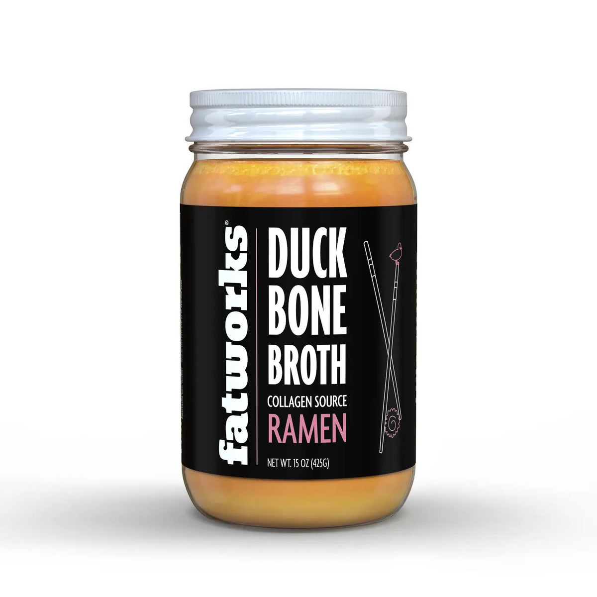 A jar of FATWORKS - RAMEN DUCK BONE BROTH is shown. The clear jar with a white lid reveals golden yellow contents. Labeled "FATWORKS," it highlights being protein-packed and a rich collagen source, perfect for keto diets. Net weight is 15 oz (425g).