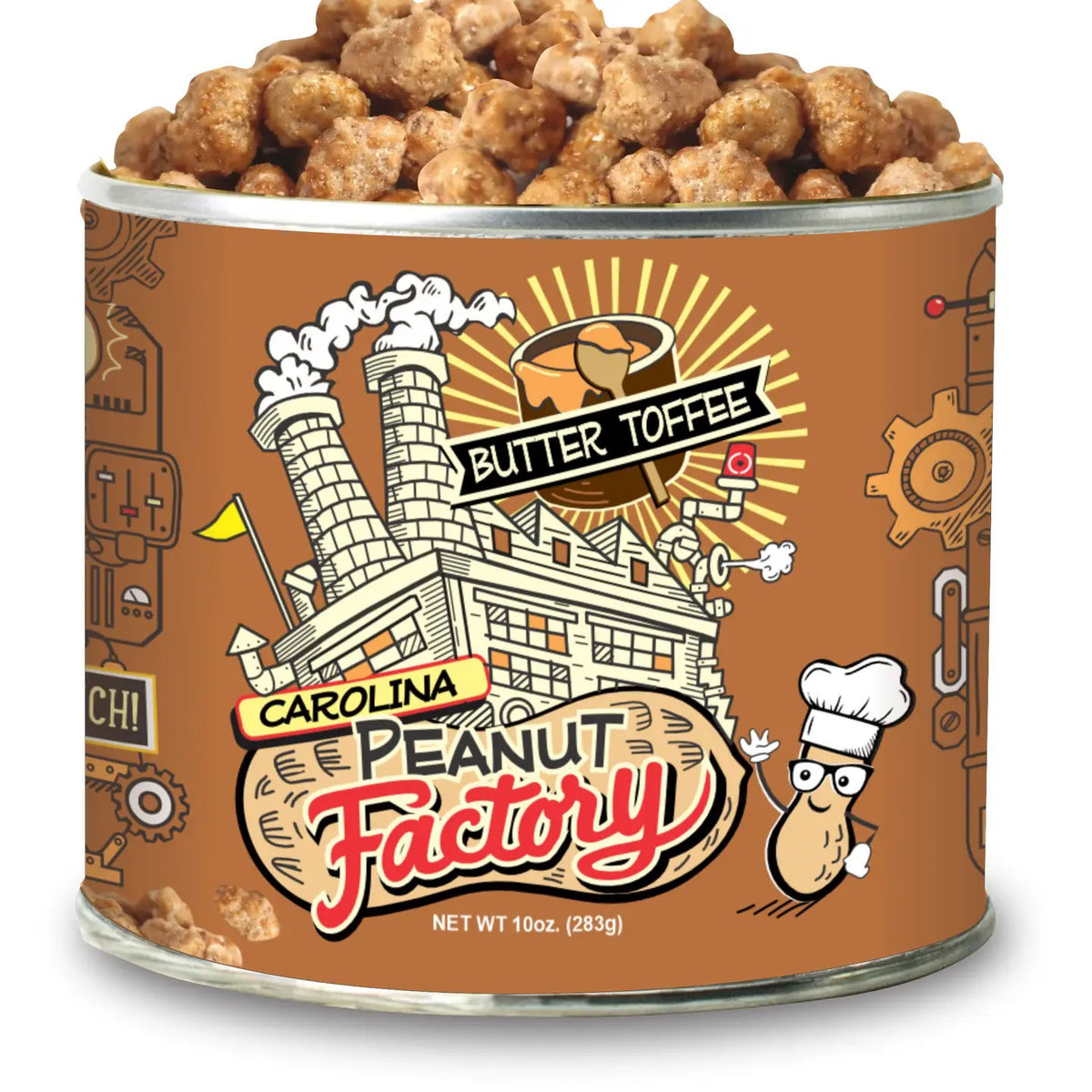 A 10-ounce can of 1949 Nut Company&#39;s Butter Toffee Peanuts, MADE IN NORTH CAROLINA. The label features a playful, cartoon-style factory and a peanut character in a chef&#39;s hat. The background includes gears and a machinery theme, highlighting the industrial feel.
