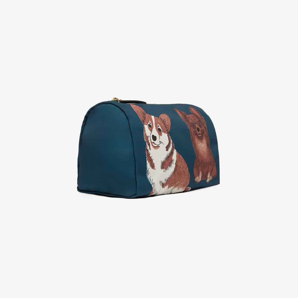 The INOUI EDITIONS TOUTOU NYLON CASE SMALL by INOUI is a blue zippered pouch made from recycled polyester, featuring illustrations of a corgi and a pomeranian, both sitting and facing forward.