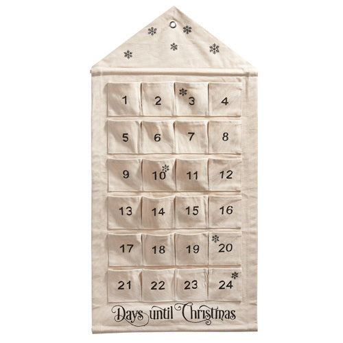 This charming RAZ IMPORTS HANGING ADVENT CALENDAR is crafted from cotton and designed in the shape of a house, showcasing 25 numbered pockets for the days of December. The top is adorned with stars and snowflakes, while &quot;Days Until Christmas&quot; decorates the bottom, infusing it with festive spirit.