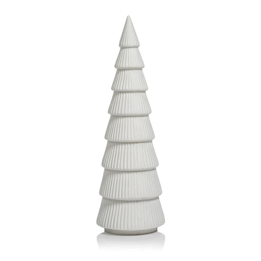 The ZODAX CERAMIC HOLIDAY TREE IN MATTE WHITE features tiered, ridged layers and a smooth matte finish, standing upright against a plain background.