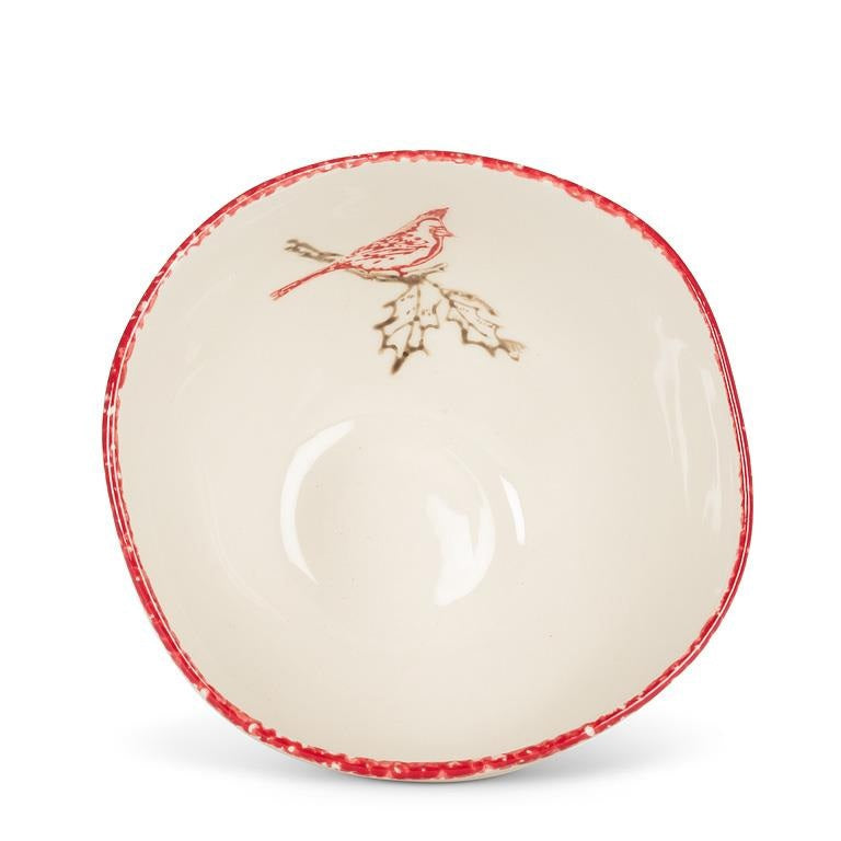 CARDINAL STAMP DEEP BOWL in white stoneware, featuring a red cardinal illustration on a holly branch and a hand-painted red rim.