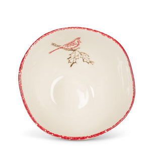 CARDINAL STAMP DEEP BOWL in white stoneware, featuring a red cardinal illustration on a holly branch and a hand-painted red rim.