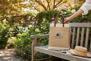 The FEARRINGTON LIFESTYLE COLLECTION - BELTIE JUTE TOTE by STRAN PROMOTIONAL SOLUTIONS is a stylish, eco-friendly tan and beige jute bag with dark leather handles and an embroidered black and white badger above "Fearrington Village.