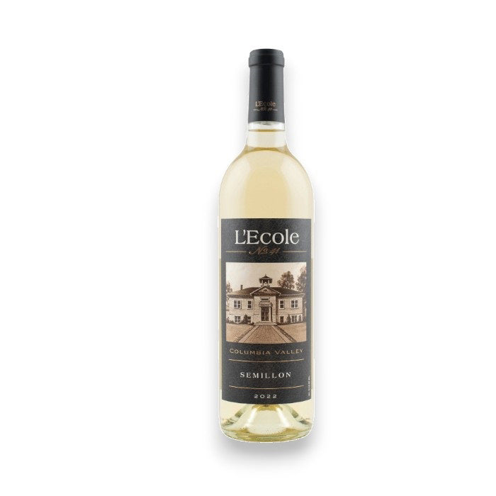A bottle of L'Ecole No 41 Semillon 2022, hailing from Columbia Valley, catches the eye with an illustrated building label and bold branding. Promising honeysuckle and melon notes, it stands elegantly against a plain white background under the Wine: Winebow brand.