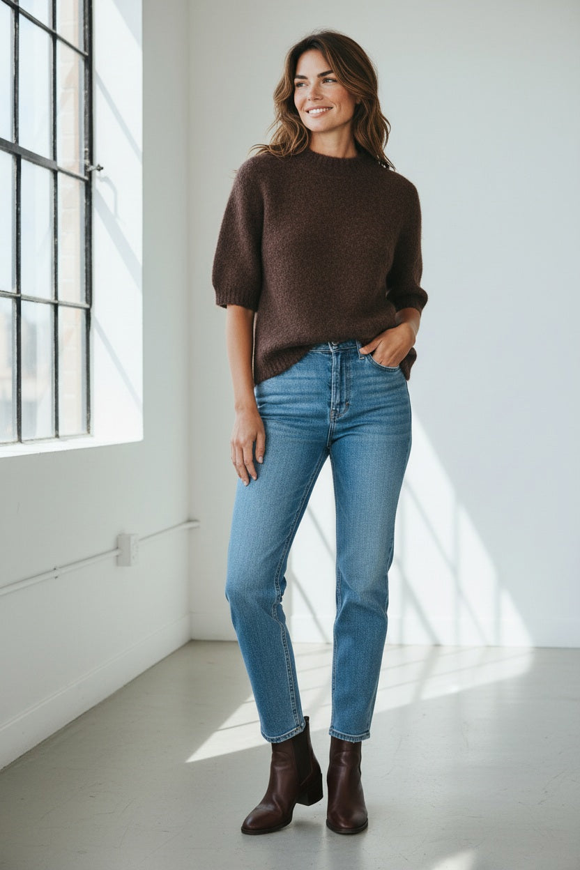 A woman stands in a sunlit room wearing the HARTFORD - MANDA Wool Short Sleeve Pullover in Choco brown, paired with light blue high-waisted jeans and brown ankle boots. She smiles with her hands in her pockets as sunlight pours through large windows.