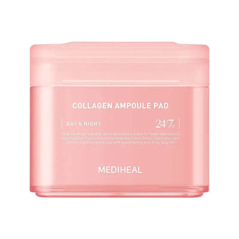 A pink container of EXOD INTERNATIONAL&#39;s MEDIHEAL - COLLAGEN AMPOULE PAD 100PC is shown with a pad lifted by tweezers, showcasing its packaging and highlighting the essential role of CollagenFactor™ in enhancing skin elasticity.