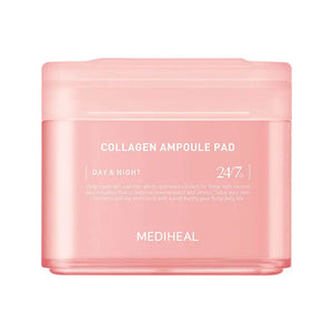 A pink container of EXOD INTERNATIONAL's MEDIHEAL - COLLAGEN AMPOULE PAD 100PC is shown with a pad lifted by tweezers, showcasing its packaging and highlighting the essential role of CollagenFactor™ in enhancing skin elasticity.