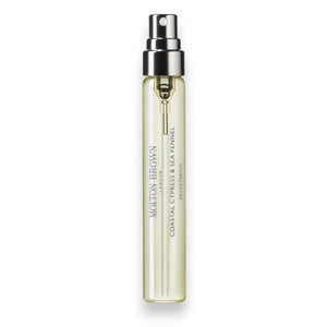 A clear, cylindrical MOLTON BROWN COASTAL CYPRESS EAU DE PARFUM spray bottle with a silver top is displayed against a white background.